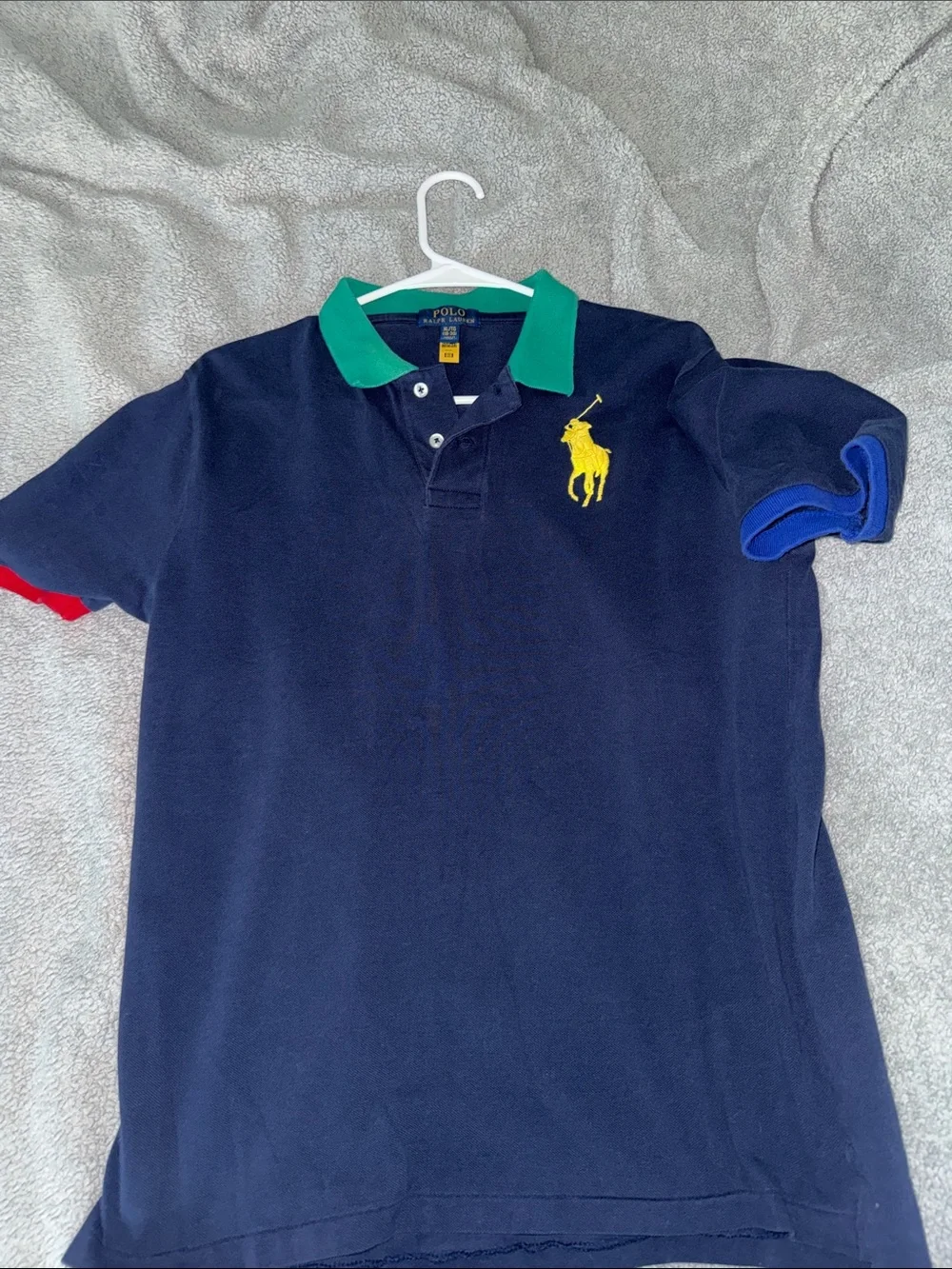 Ralph Lauren Navy Polo with Green Collar & Multicolor Sleeve Trim